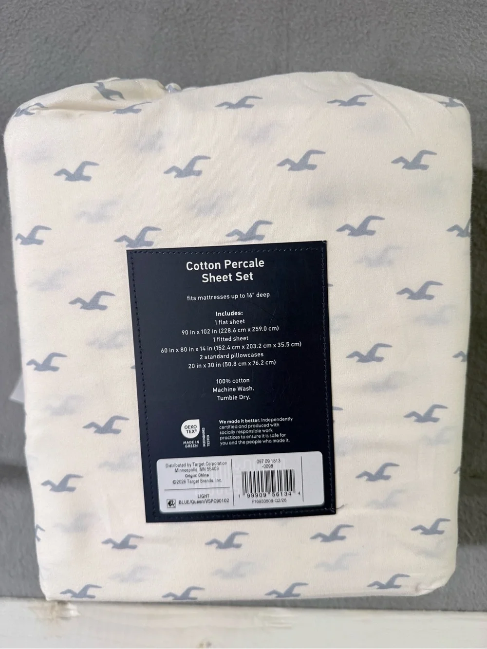 Hollister Cotton Percale Sheet Set - White with Light Blue Seagull Print